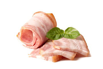 Raw piece of fresh bacon with basil leaf green isolated on a white background.