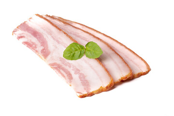 Raw pieces of fresh bacon with basil leaf green isolated on a white background.