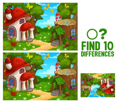 Fairy houses, homes and dwellings. Find ten differences kids game worksheet. Child educational riddle, quiz book vector page, find difference playing activity with mushroom, tree stump fantasy houses
