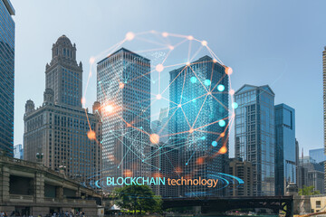 Panorama cityscape of Chicago downtown and Riverwalk, boardwalk with bridges at day time, Chicago, Illinois, USA. Decentralized economy. Blockchain, cryptography and cryptocurrency concept, hologram