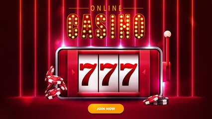 Red banner with smartphone with slot machine on screen and poker chips in scene with wall of line vertical neon lamps on background.