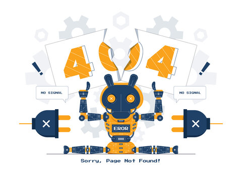 Vector concept illustration Robot with page not found 404 error flat cartoon style