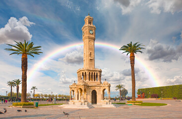 Izmir clock tower with rainbow. The famous clock tower became the symbol of Izmir