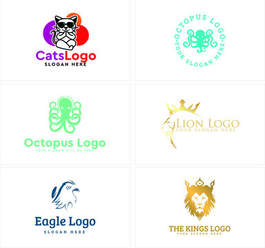 The illustration set of animal logos template with various kinds animal such as cat, octopus, lion king crown luxury, and eagle bird line art vector initial logo