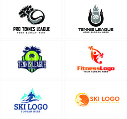 Sport emblem logo design with various kinds symbol such as tennis ball with flame tree combination, shield green, people gym barbell, and exercising ski man illustration vector