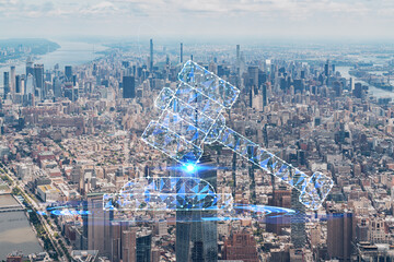 Aerial panoramic helicopter city view of Upper Manhattan, Midtown and Downtown, New York, USA. Glowing hologram legal icons. The concept of law, order, regulations and digital justice - obrazy, fototapety, plakaty