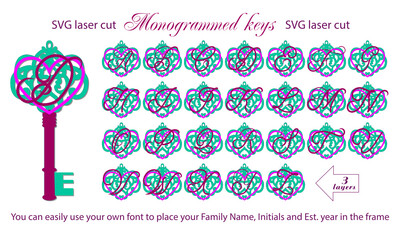 Monogrammed Keys 3D Layered Laser Cut Files Bundle. Cut & craft your own Monogramm ornament with 3D Layered Digital Cut Files