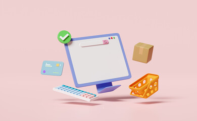 3d computer monitor with shopping cart, goods cardboard box, basket, credit card, check marks isolated on pink background. Online delivery, online shopping, template concept, 3d render illustration