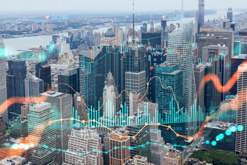Obraz na płótnie Canvas Aerial panoramic city view of Time Square area, Manhattan West Side and the Hudson River, New York city, USA. Forex graph hologram. The concept of internet trading, brokerage and fundamental analysis