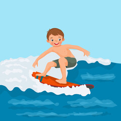 Cute little boy surfer riding on surfboard having fun on sea wave on the beach in summer vacation