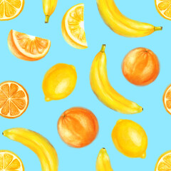 Juicy fruits seamless pattern. Bright summer design in a watercolor style.
