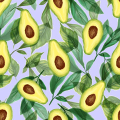 Juicy avocado seamless pattern. Bright summer design in a watercolor style.