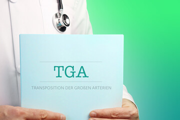 TGA (Transposition der großen Arterien). Arzt mit Stethoskop hält medizinischen Bericht in den...