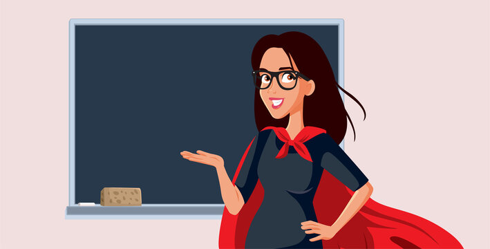 Superhero Teacher Standing in Front of a Blackboard Vector Cartoon Illustration