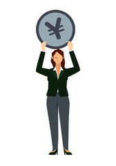円のコインを持つアジア系女性ビジネスマンのイラスト8等身　金融イメージ　インフォグラフィックス