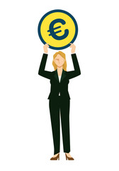 ユーロのコインを持つ白人系女性ビジネスマンのイラスト8等身　金融イメージ　インフォグラフィックス