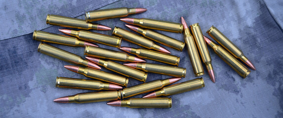 Bullets .223 brass 5.56 caliber ammo for AR 15 rifle ammo - obrazy, fototapety, plakaty