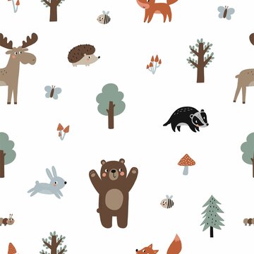 Cute collection Woodland animals. Adorable Childish set of bear, fox, deer, bee, snail, caterpillar, hedgehog, raccoon, trees, mushrooms, flowers. Cute scandinavian vector seamless pattern