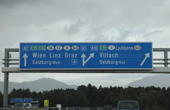 Road sign near the Border between Italy and Austria ans slovenia  with name of the City WIEN LINZ GRAZ and VILLACH