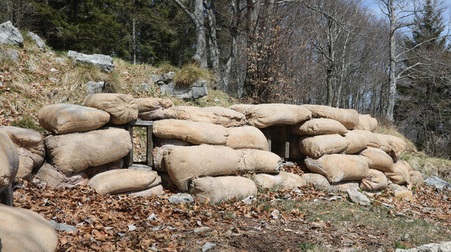 sandbags to protect a war trench dug inside the mountain to defend