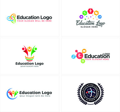 A set of illustration education logo design with various symbol such as icon painting brush book note music child playground, people and combination light bulb colorful, and molecule atom icon vector