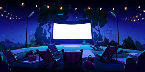 Night open air cinema on lawn in city park, garden or backyard. Vector cartoon summer landscape with empty outdoor movie theater with big screen, chaises, picnic baskets and lightbulb garland - obrazy, fototapety, plakaty