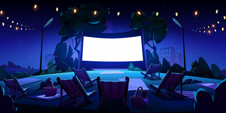 Night Open Air Cinema On Lawn In City Park, Garden Or Backyard. Vector Cartoon Summer Landscape With Empty Outdoor Movie Theater With Big Screen, Chaises, Picnic Baskets And Lightbulb Garland