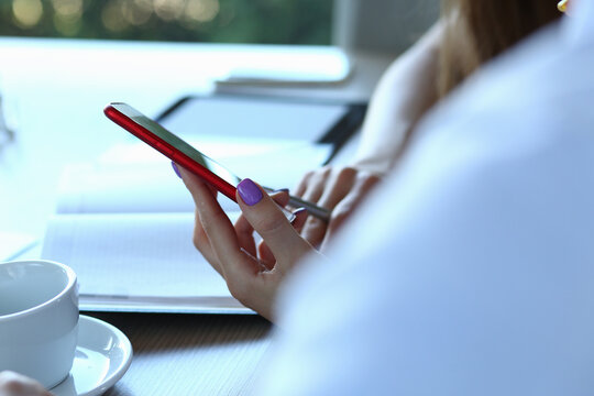 Woman hold smartphone, typing message, calling someone, modern device for communication