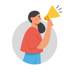 Young woman holding a speaker megaphone in her hand. The concept of a discount, promotion, advertising or sale. Design for banner, poster, flyer or web. Vector illustration on white background.