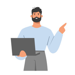 Young man with laptop shows his finger on a white board, poster, banner. Business presentation, sale offer or advertising concept.  Flat vector illustration on white background.