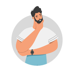 Pensive man thinking. Doubt, decision making, or problem solving concept. Flat vector illustration on white background.