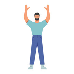 Happy man raises his hands up in joy. Concept of happiness, victory or lucky. Flat vector illustration isolated on white background.