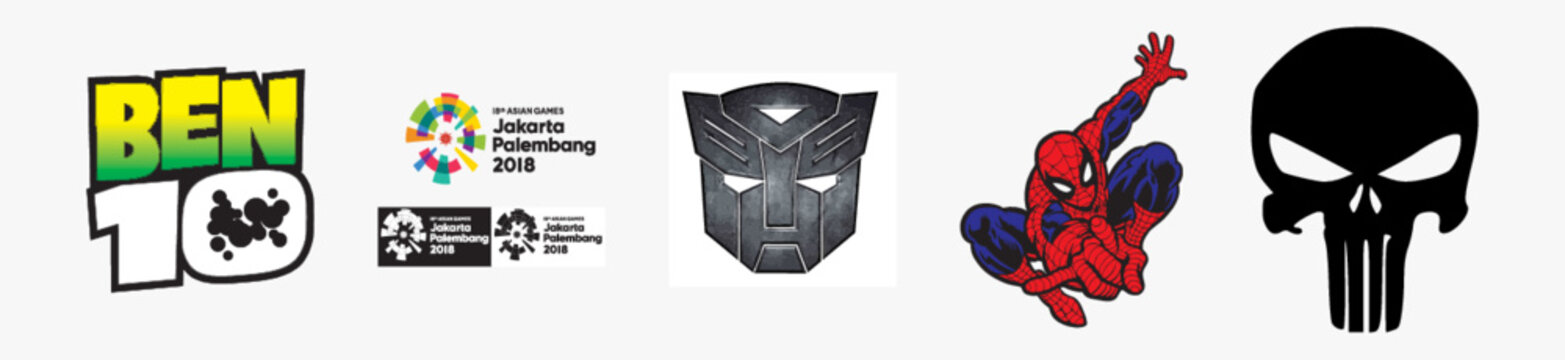 Ben10 Logo, Spider-Man Logo, The Punisher Logo, Autobot from Transformers Logo, Asian Games 2018 Logo. Arts And Design vector logo illustration. Isolated vector logo on white background.