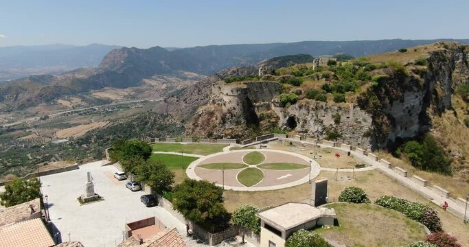 Gerace, Calabria, Italy. Aerial drone view. Slow flight toward the old castle.