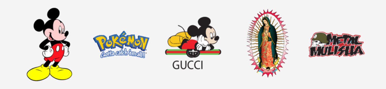 Metal Mulisha Logo, Viregn de Guadalupe Logo, Pokemon Logo, Mickey Mouse Logo, Gucci Mickey Mouse Logo. Arts And Design vector logo illustration. Isolated vector logo on white background.
