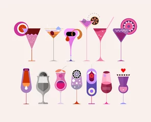 Photo sur Plexiglas Art abstrait Ensemble De Verres à Cocktail. Ensemble de différents verres à cocktail isolés sur fond blanc. Ensemble d& 39 éléments de conception de vecteur.