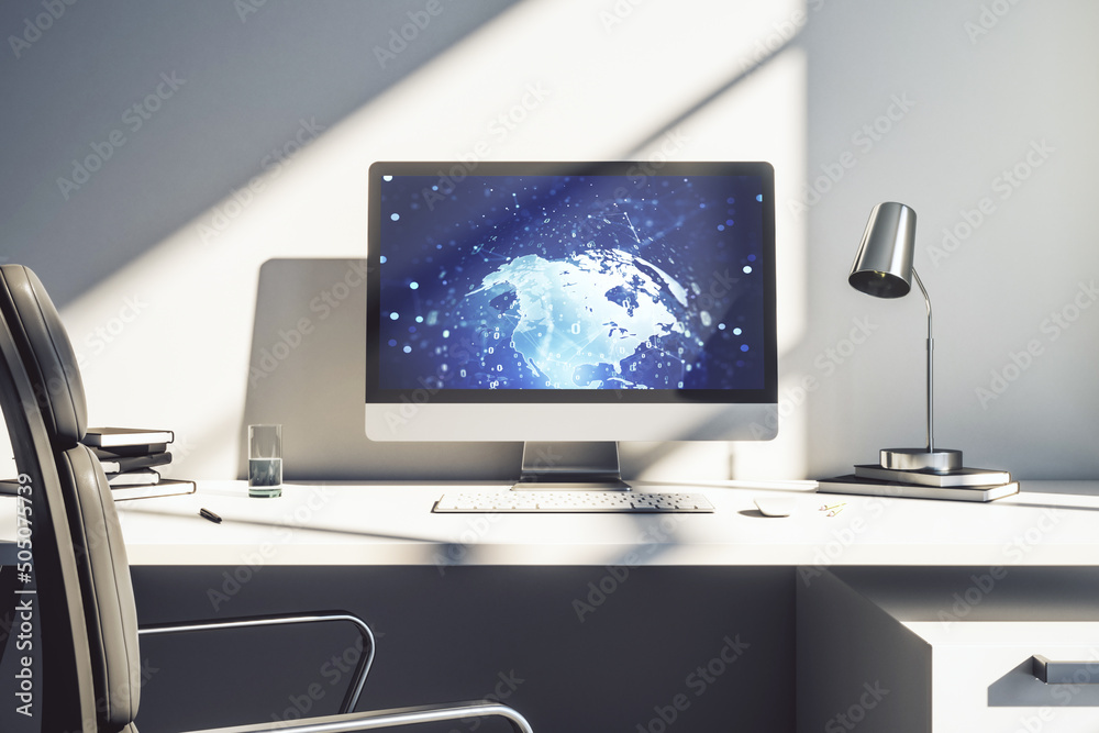 Fototapete modern computer display with abstract software development hologram and world map, global research a