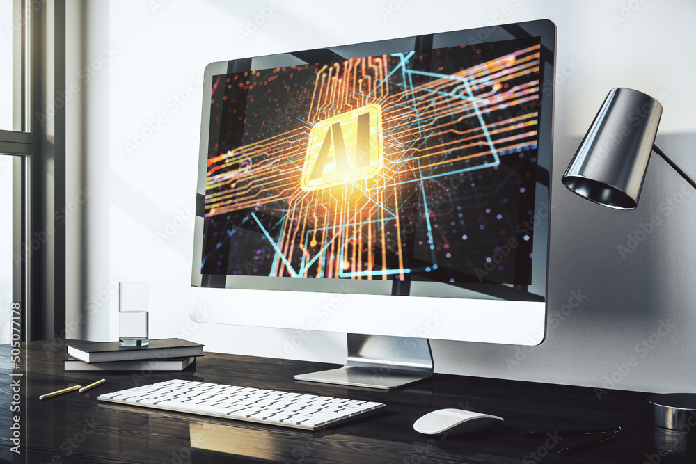 Leinwandbilder modern computer monitor with creative artificial intelligence icon. neural networks and machine lear