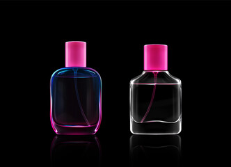 Glass bottles for fragrance, perfume, cologne, cosmetic spray. Vector realistic mockup of 3d blank transparent containers with tubes, pink caps and clear fluid