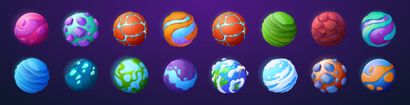 Game icons of fantasy planets and asteroids in outer space. Vector cartoon set of fantastic cosmic objects with stones, water, crystals, cracks, clouds and snow isolated on background