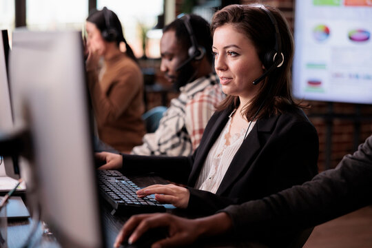 Sales Assistant Being Employed At Customer Care Support Job, Working On Telemarketing Call Center At Helpdesk. Female Receptionist With Helpline Service Helping Clients On Remote Communication.