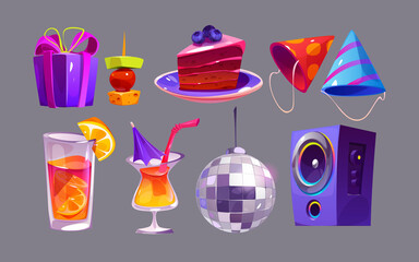 Happy birthday party set with disco ball, hats, cocktails and cake. Vector cartoon icons of event or holiday celebration equipment, gift box, drinks, music speaker isolated on background