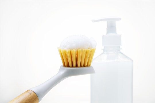 Eco brush with foan spray bottle for safety cleaning. Concept natural cleaning products.