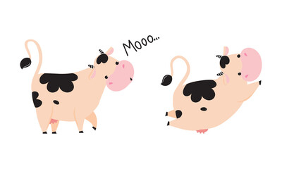 Cute Little Cow Calf with Hoof Saying Moo and Jumping Vector Set