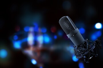 Studio microphone on background for studio podcast