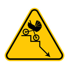 Demographic decline warning sign. Vector illustration of yellow triangle sign with baby carriage going down the stairs. Fertility decline curve. Population collapse. Birth problem. Population ageing.