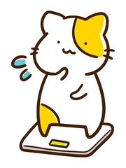 Obraz premium 体重計に乗って焦るかわいいねこのキャラクターの手書き風イラスト