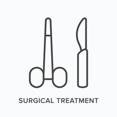 Surgical treatment flat line icon. Vector outline illustration of scalpel and forceps. Black thin linear pictogram for medical sterile equipment