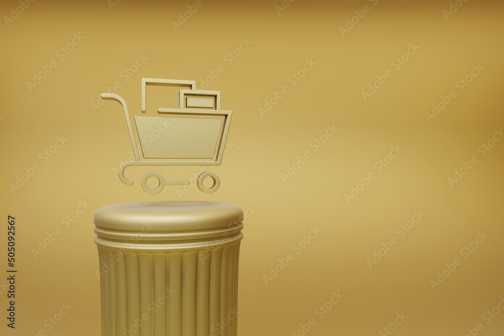 Poster Beautiful abstract illustrations Golden Shopping Cart symbol icons on a golden column and wonderful background. 3d rendering illustration. Background pattern for design. Online Shopping