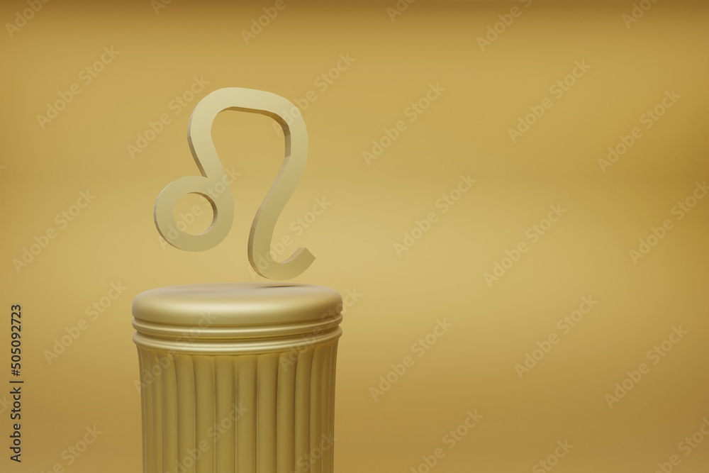 Poster Beautiful abstract illustrations Golden zodiac Leo symbol icons on a golden column and wonderful background. 3d rendering illustration. Background pattern for design.